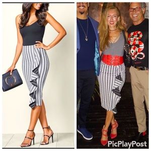 Venus BLACK WHITE Gingham Fitted MIDI Pencil SKIRT Waterfall Ruffle XS EUC SEXY